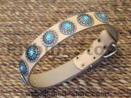 Tan Leather Dog Collar with Silver Plated Circles Blue Stones Tan Leather Dog Collar with Silver Plated Circles Blue Stones
