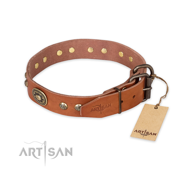 Handy use genuine leather collar with decorations for your four-legged friend