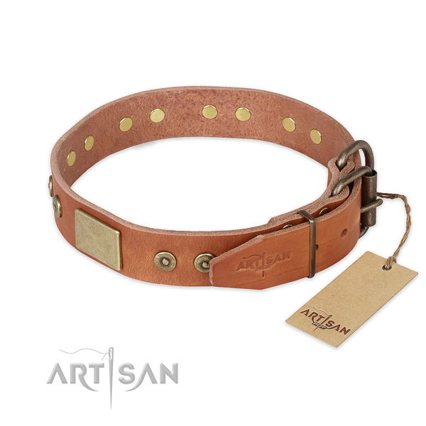 Stylish walking full grain natural leather collar with decorations for your doggie