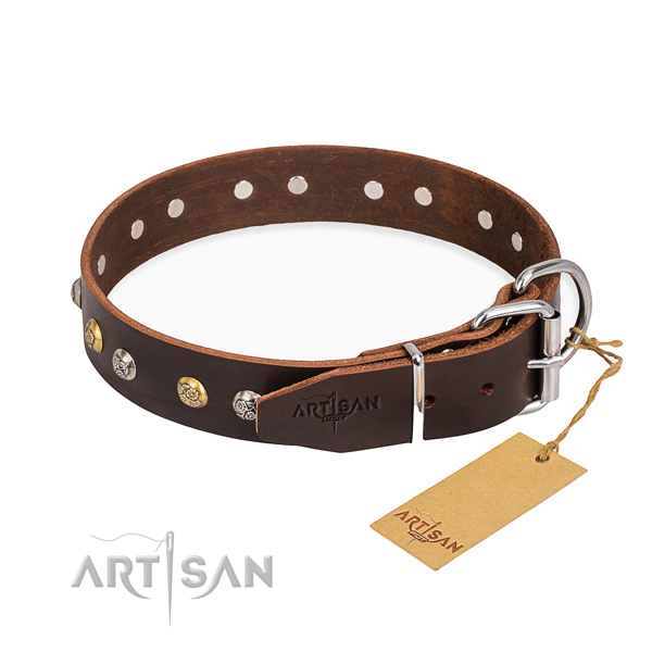 Remarkable design embellishments on natural genuine leather dog collar