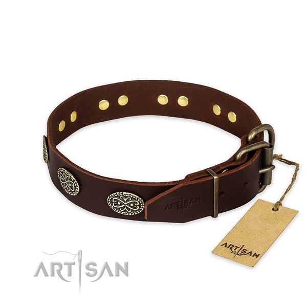 Unusual design studs on natural genuine leather dog collar