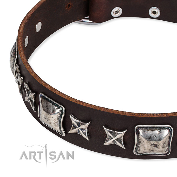 Adjustable leather dog collar with almost unbreakable rust-proof buckle