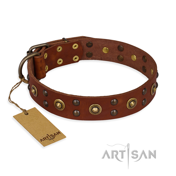 Top notch design studs on natural genuine leather dog collar