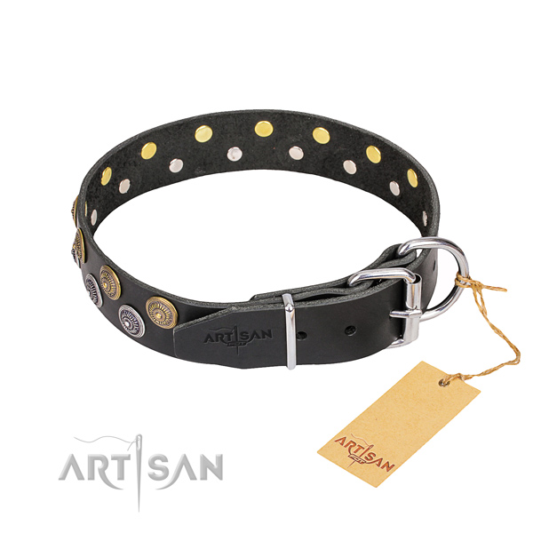 Sturdy leather dog collar with corrosion-resistant details