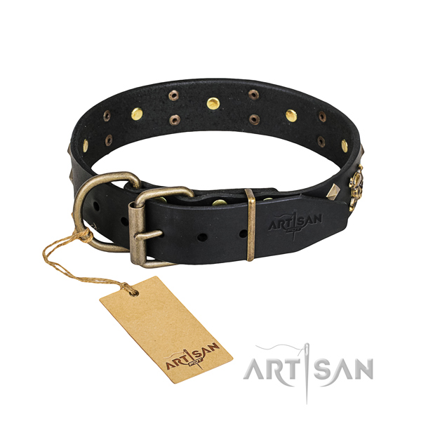 Indestructible leather dog collar with riveted fittings