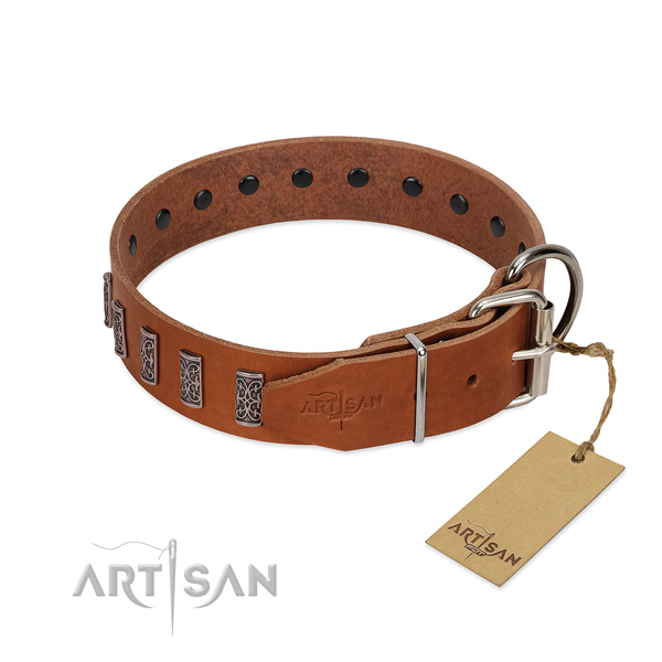 Strong hardware on genuine leather dog collar for walking your doggie