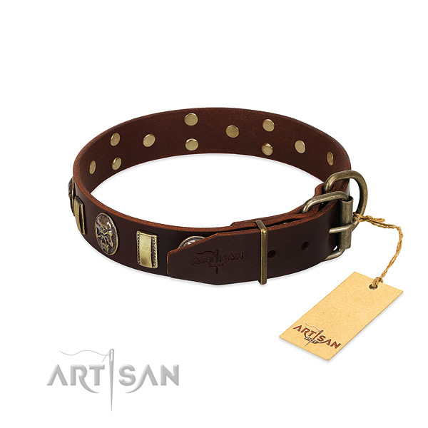 Full grain genuine leather dog collar with durable D-ring and decorations
