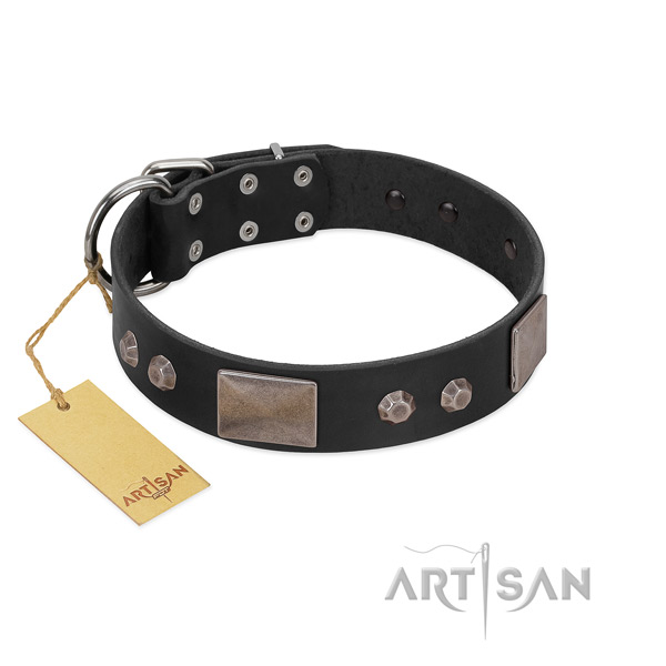 Trendy full grain genuine leather dog collar with corrosion resistant traditional buckle