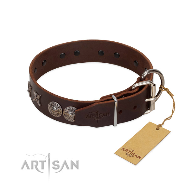 Easy wearing dog collar of leather with remarkable studs