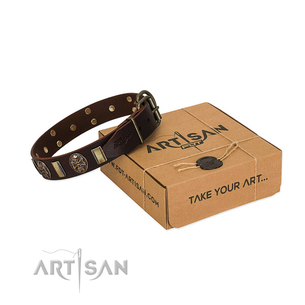 Decorated natural genuine leather collar for your stylish doggie