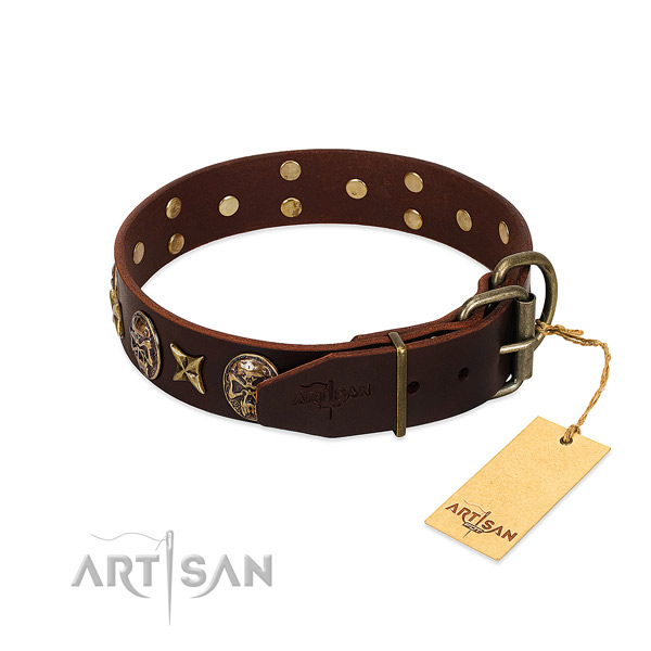 Rust-proof adornments on leather dog collar for your canine