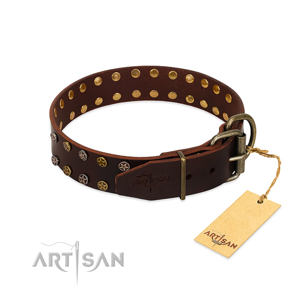 Comfortable wearing full grain natural leather dog collar with trendy embellishments
