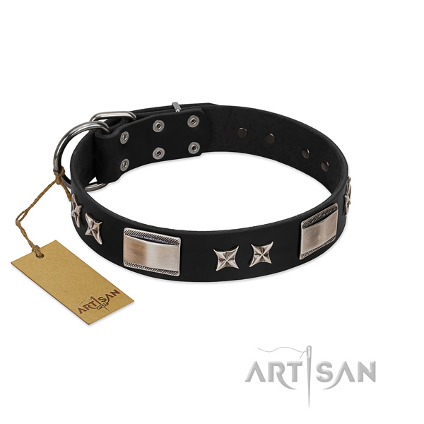 High quality full grain natural leather dog collar with rust-proof buckle