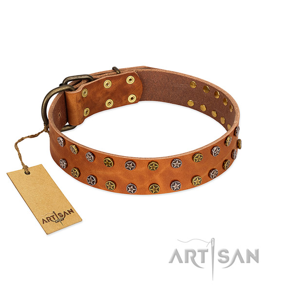 Easy wearing soft genuine leather dog collar with decorations
