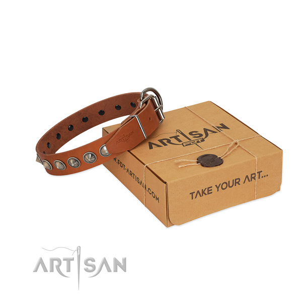 Soft to touch natural leather dog collar with embellishments for your stylish dog