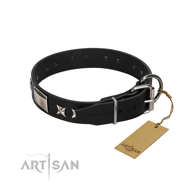 Gentle to touch leather dog collar with corrosion resistant fittings