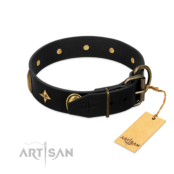 Top notch natural leather dog collar with corrosion resistant adornments