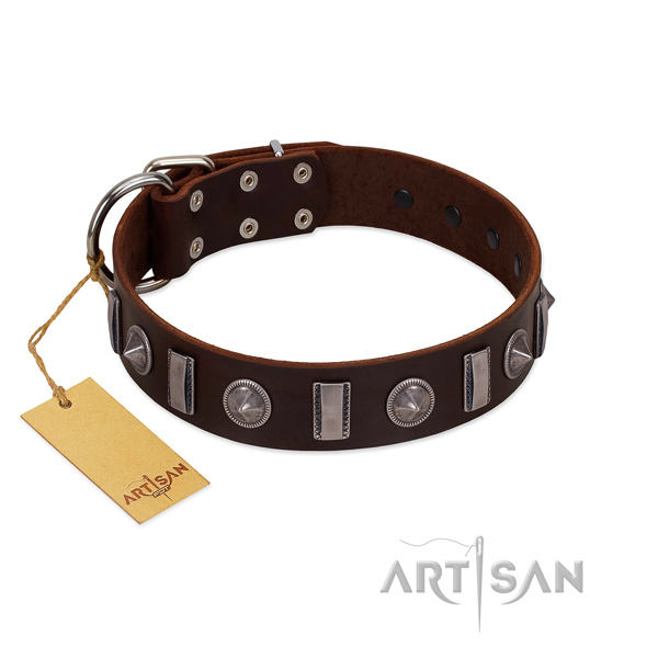 Soft natural leather dog collar with decorations for comfortable wearing