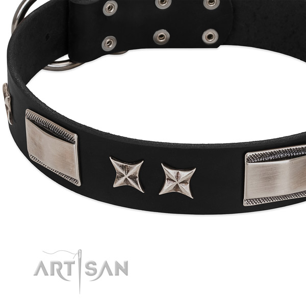 High quality natural leather dog collar with corrosion resistant hardware