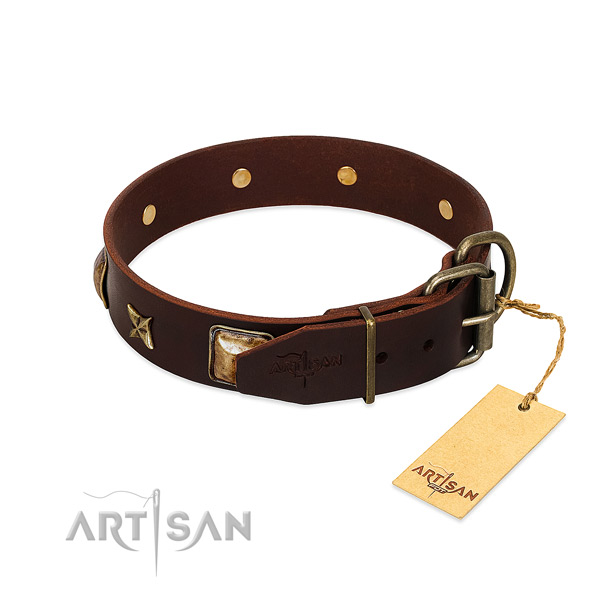 Natural genuine leather dog collar with strong traditional buckle and decorations