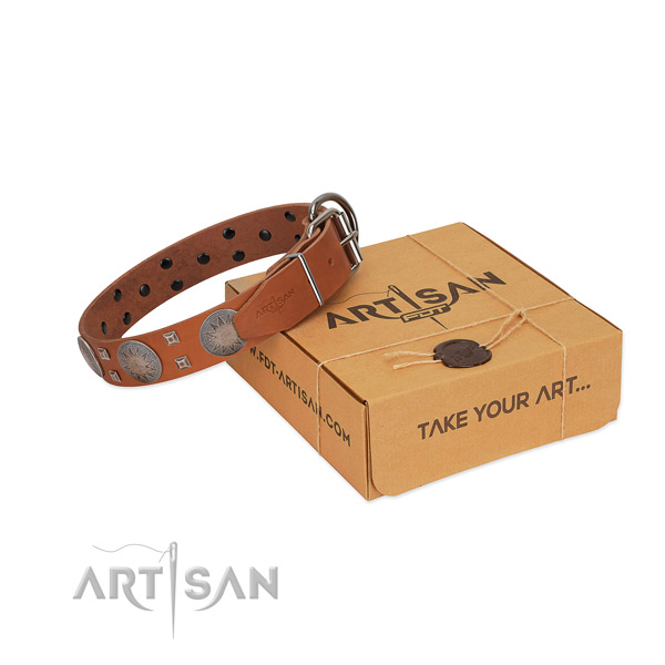 Rust resistant buckle on full grain leather dog collar for easy wearing