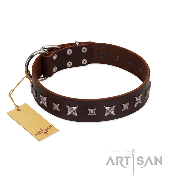 Gentle to touch full grain genuine leather dog collar with stunning studs