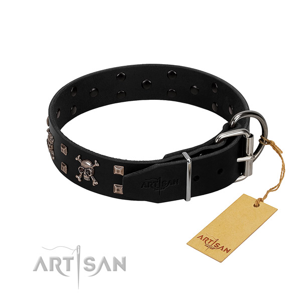 Exquisite leather dog collar with corrosion resistant decorations