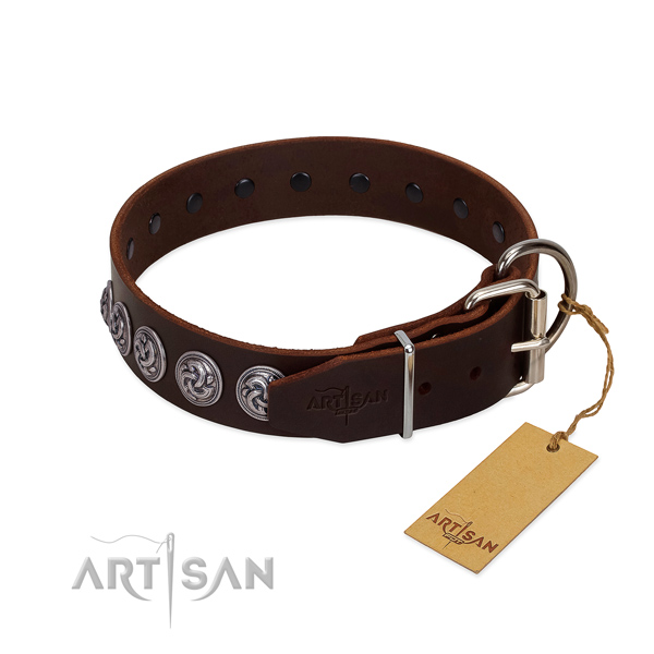Strong hardware on leather dog collar for daily walking your pet