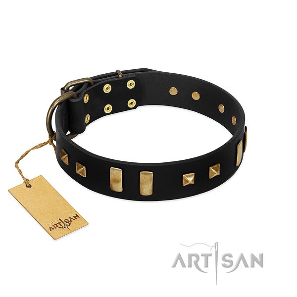 Best quality full grain natural leather dog collar with adornments for easy wearing