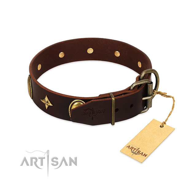 Durable full grain leather dog collar with corrosion proof decorations