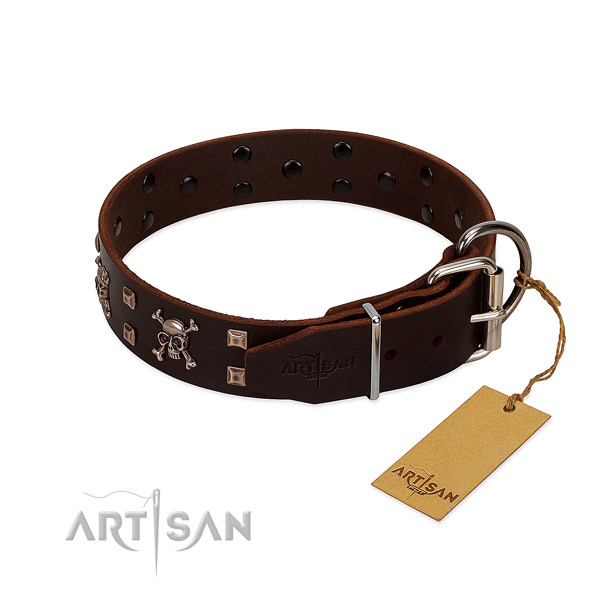 Stylish walking top notch genuine leather dog collar with studs