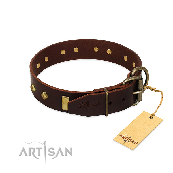 Leather dog collar with corrosion resistant traditional buckle for easy wearing