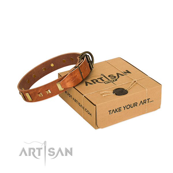 Flexible full grain natural leather dog collar with embellishments for handy use