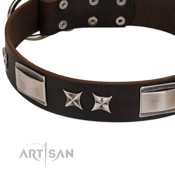Gentle to touch natural leather dog collar with rust-proof D-ring