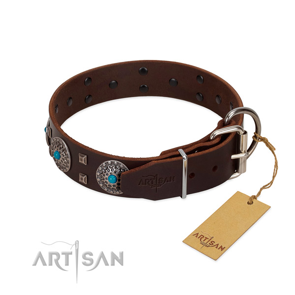Gentle to touch genuine leather dog collar with adornments for fancy walking