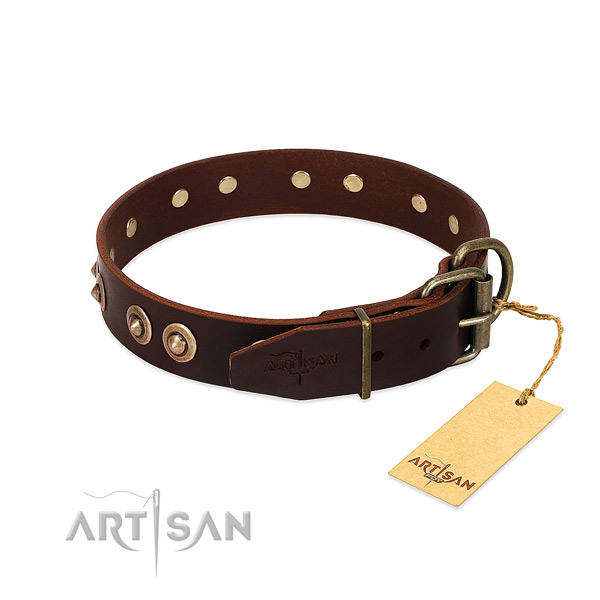 Rust resistant D-ring on genuine leather dog collar for your doggie