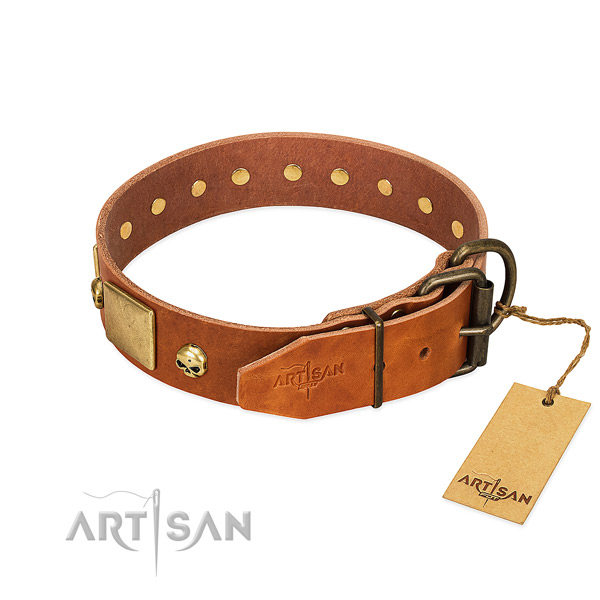 Top notch natural leather dog collar with corrosion proof studs