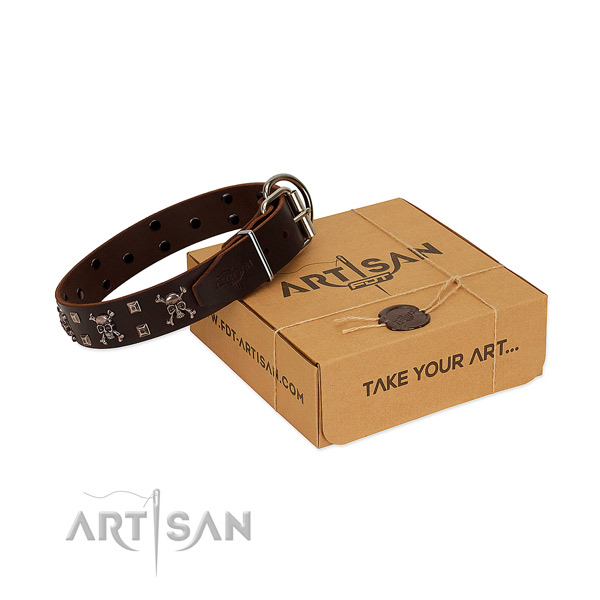 Top rate full grain natural leather dog collar with rust resistant buckle