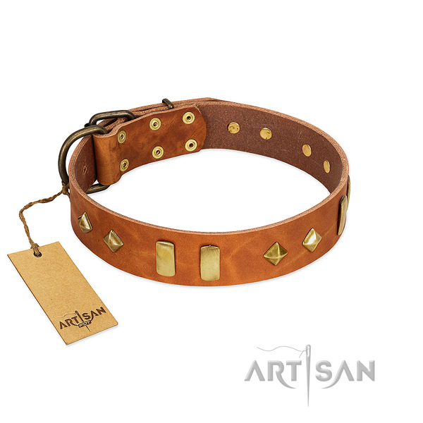 Fancy walking soft to touch full grain genuine leather dog collar with decorations