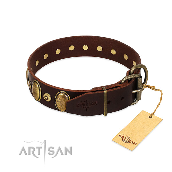 Natural genuine leather dog collar with rust-proof adornments