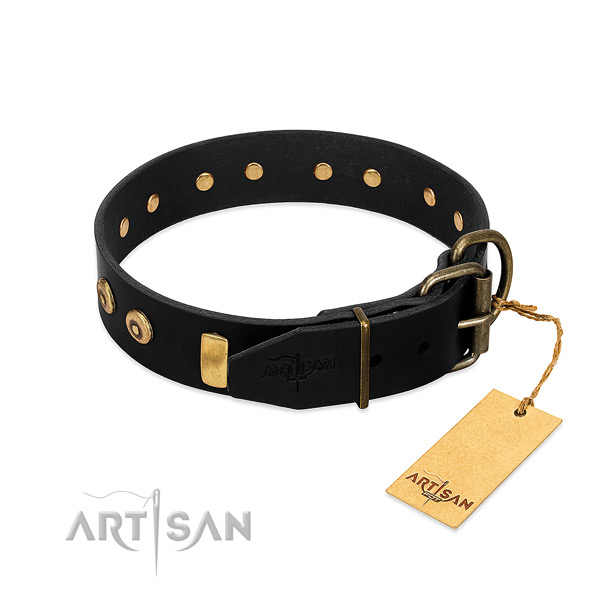 Flexible natural leather collar with exquisite decorations for your dog