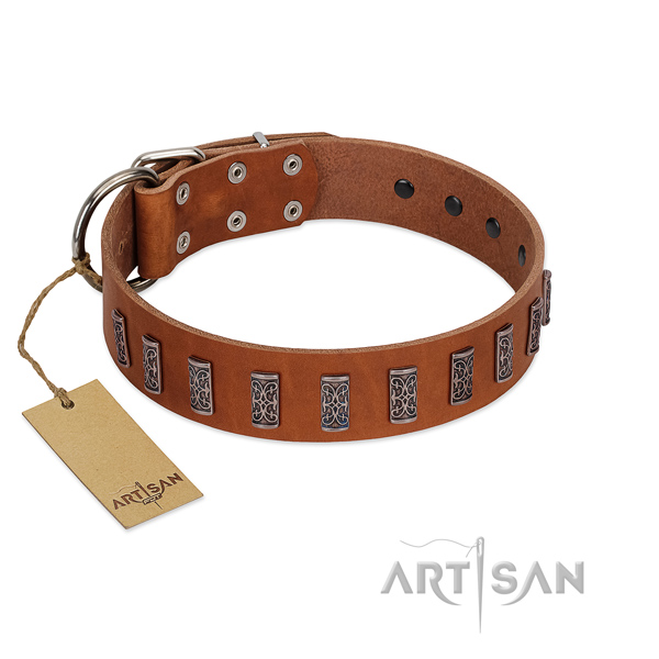 Soft to touch leather dog collar with corrosion proof hardware
