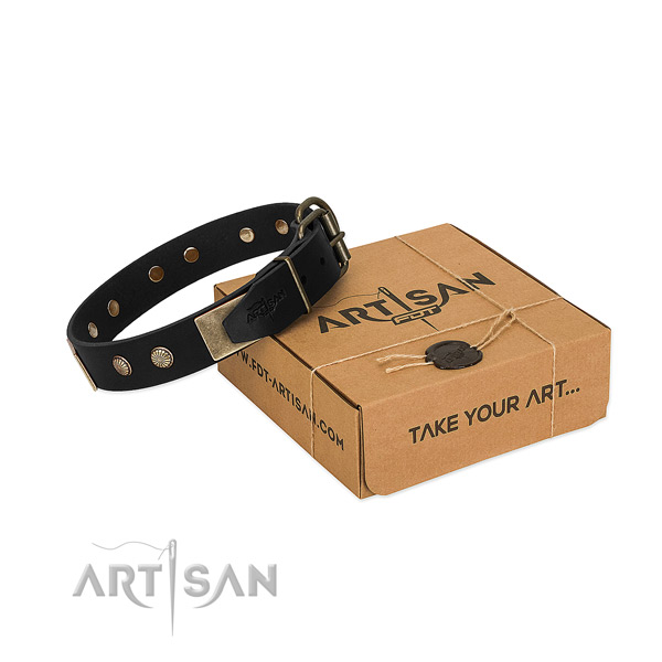 Rust resistant adornments on dog collar for easy wearing