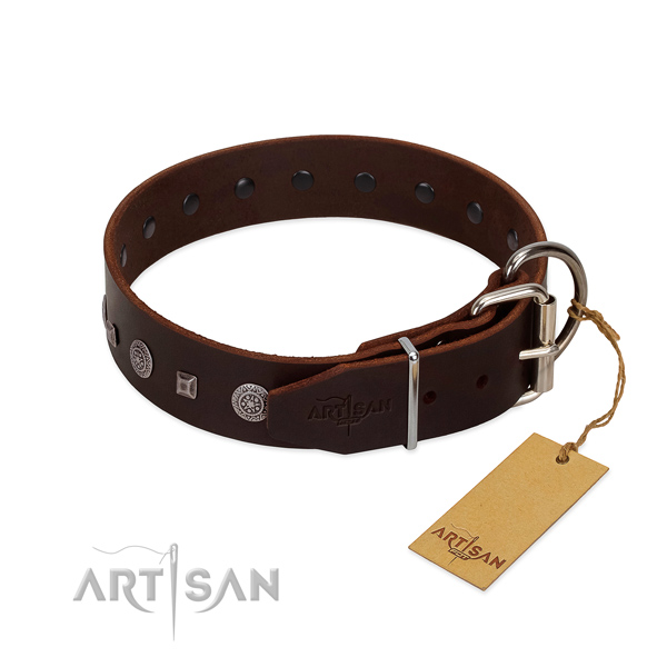 Rust resistant D-ring on genuine leather collar for fancy walking your pet