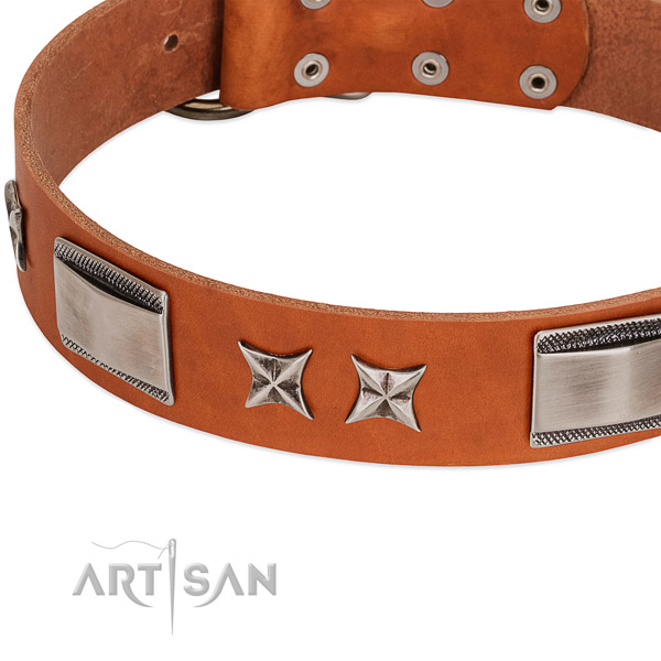 Soft natural leather dog collar with rust-proof buckle
