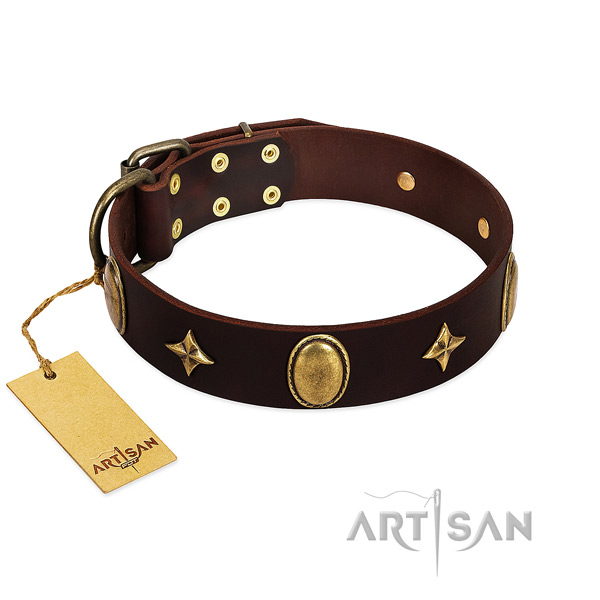 Soft genuine leather dog collar with corrosion resistant decorations