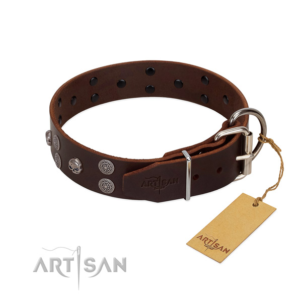 Gentle to touch natural leather dog collar with embellishments for stylish walking