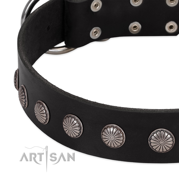 Soft to touch leather dog collar with decorations for walking