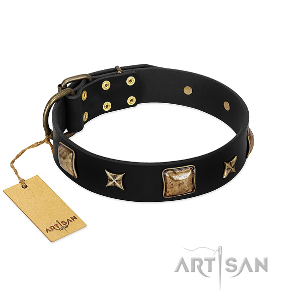 Genuine leather dog collar of flexible material with exquisite embellishments